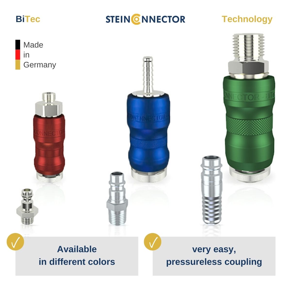 steinconnector bitec safety vent coupling with shut-off valve red blue green for machines, plants and aggregates in premium industry quality made in germany